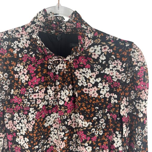 Ann Taylor Dress Womens 2 Black Pink Floral Smocked Neck Shift Chiffon Lined NEW - Picture 7 of 16